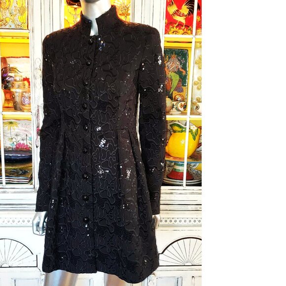 Vintage Betsey Johnson Black Peacoat Embroidered Sequin Dress Coat Jacket S 2 - Picture 13 of 16
